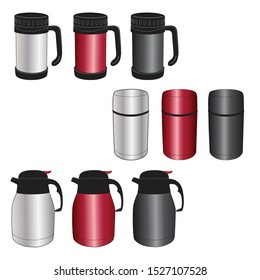 stainless steel  mug, soup pot and coffee pot-silver, red and black color