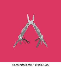 Stainless steel multifunctional pocket multi tool instrument. Flat illustration isolated on white.