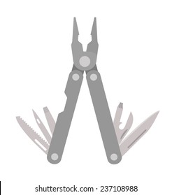 Stainless steel multifunctional pocket multi tool instrument with pliers, razor sharp knife, can opener, screwdriver, saw, bottle opener, awl. Color no outline illustration isolated on white 