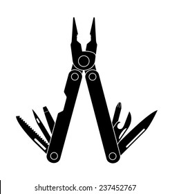 Stainless steel multifunctional pocket multi tool instrument with pliers, razor sharp knife, can opener, screwdriver, saw, bottle opener, awl. Black and white illustration isolated on white 