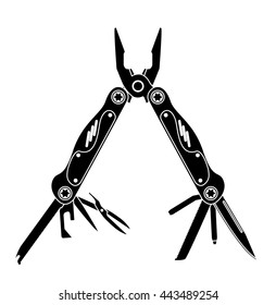 Stainless steel multifunctional pocket multi tool instrument. Flat illustration isolated on white.