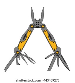 Stainless steel multifunctional pocket multi tool instrument. Flat illustration isolated on white.