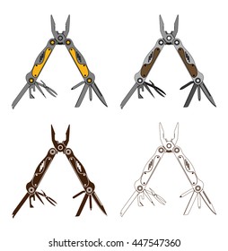 Stainless steel multifunctional pocket multi tool instrument. Flat illustration isolated on white.
