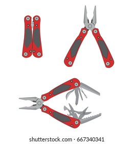 Stainless steel multifunctional pocket multi tool instrument. Flat illustration isolated on white.