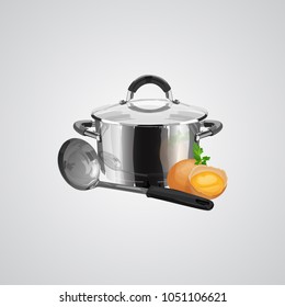 stainless steel pan and ladle with raw eggs isolated on white background