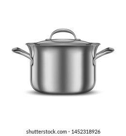 Stainless steel pan. Metal cooking pot. Kitchen utensil mockup. Cookware for cooking food. 3d realistic vector illustration isolated on white background