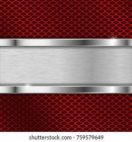 Stainless steel plate on red perforated background. Vector 3d illustration