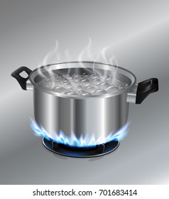 Stainless steel pot boiling water. On the gas stove.
Vector realistic file.