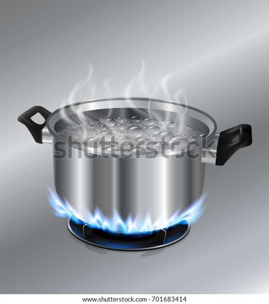Stainless steel pot boiling water. On the gas\
stove.\
Vector realistic\
file.