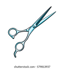 Stainless steel professional hairdresser scissors, sketch style vector illustration isolated on white background. Hair cutting, hairdresser professional scissors, tool, attribute