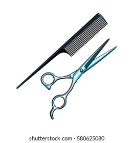 Stainless steel professional hairdresser scissors and traditional plastic comb, sketch style vector illustration isolated on white background. Hair cutting, hairdresser professional scissors and comb