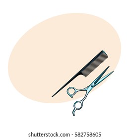 Stainless steel professional hairdresser scissors and traditional plastic comb, sketch style vector illustration with place for text. Hair cutting, hairdresser professional scissors and comb