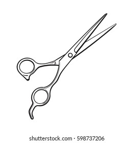 Stainless steel professional hairdresser scissors, sketch style vector illustration isolated on white background. Hair cutting, hairdresser professional scissors, tool, attribute