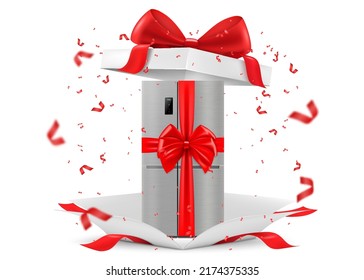 Stainless Steel Refrigerator with red ribbon and bow inside open gift box. Gift concept. Kitchen appliances. Isolated 3d vector illustration. 3D rendering.