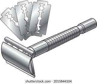 Stainless Steel reusable safety razor and blade editable illustration