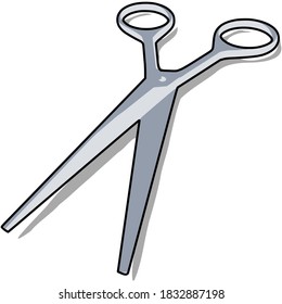 stainless steel scissors with shadow in comic style close up from the left top view isolated on white background vector illustration