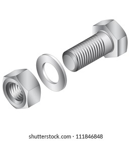 Stainless steel screw and nut. Vector illustration.