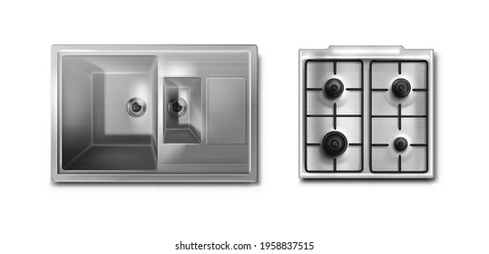 Stainless steel sink and gas stove 3d mockup top view. Metal washbasin and oven burner with off hobs, household stuff, cooking appliances isolated on white background, Realistic 3d vector illustration