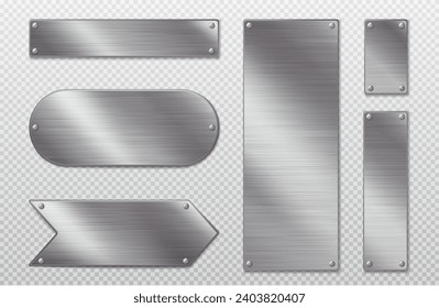 Stainless steel tags with blank metal surface isolated on transparent background. Vector realistic illustration of game menu, arrow sign, nameplate ui frames, shiny buttons, glossy blank badges