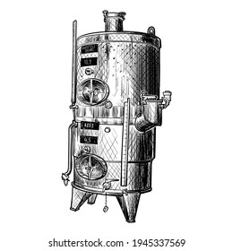 Stainless steel tank for wine storage and blending. Black line drawing isolated on white background