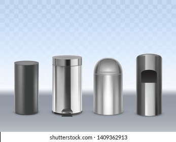 Stainless steel trash cans 3d realistic vector set isolated on transparent background. Cylindrical matte black, glossy, chrome plated metal containers for waste with moving lid and pedal illustration