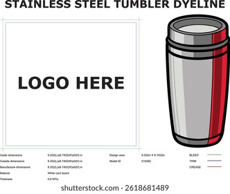 Stainless steel tumbler dyeline template with dimensions and logo area guide