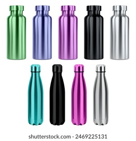 Stainless steel water bottle mockup. Reusable sport thermo bottle illustration. Aluminum tin illustration for brand identity. Silver, pink, red and black camping flask