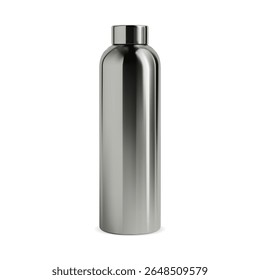 Stainless steel water bottle vector mockup. Realistic metal thermo flask design. Fitness sport brand promotion tin template. Clear single mockup of aluminum container. Reusable can, glossy product