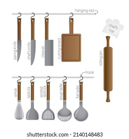 Stainless steel and wooden equipment for cooking at the kitchen