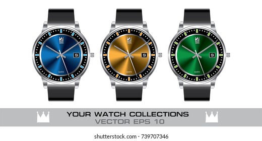 Stainless steel wristwatch color gray leather strap collection on white background vector illustration.