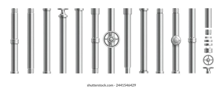 Stainless streel metallic pipeline system for industry, gas or oil refinery. Vector isolated metal parts and connections for plumbing and drain. Valves and repair technology, tubing for home