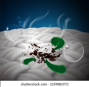 Stains and germs on the fabric. zoom fiber with germs and stink. Ads for detergents and cleansers.
Vector realistic file.