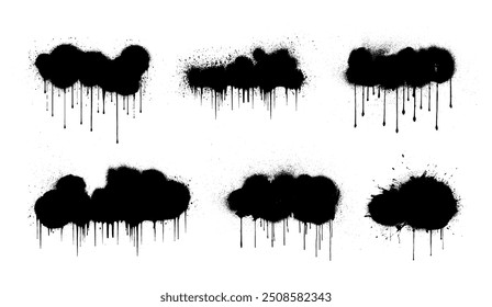 Stains graffiti with spray effect, template, mockup. Silhouette black paint with drips, splatter, drips. Street art stencil. Graffiti graphic box, spray silhouette grunge. Dirty textured. Vector