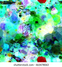 Stains and ovals randomly mixed. The predominance of blue and green. The overlap, transparency, watercolor effect. Abstract seamless vector pattern.