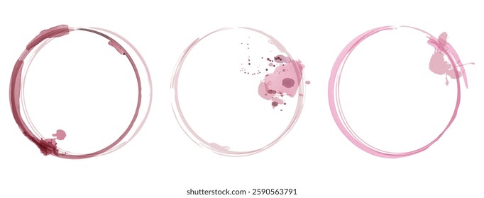 Stains from red wine, drink, juice. Pink splashes, drops, spilled liquid, blotches, circles. Isolated on a white background. Vector illustration.