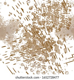 Stains Seamless Pattern. Fashion Concept. Distress Print. Ochra, Sepia Illustration. Camo Surface Textile. Ink Stains. Spray Paint. Splash Blots. Artistic Creative Vector Background.