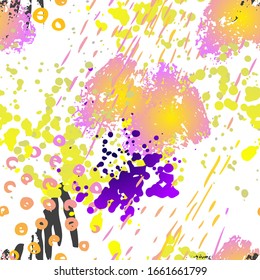 Stains Seamless Pattern. Fashion Concept. Distress Print. Color, Bright Illustration. Summer Surface Textile. Ink Stains. Spray Paint. Splash Blots. Artistic Creative Vector Background.