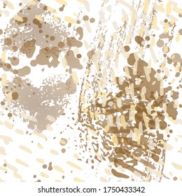 Stains Seamless Pattern. Fashion Concept. Distress Print. Ochra, Sepia Illustration. Camo Surface Textile. Ink Stains. Spray Paint. Splash Blots. Artistic Creative Vector Background.