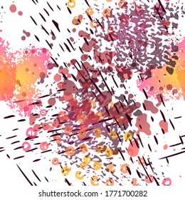 Stains Seamless Pattern. Fashion Concept. Distress Print. Bordo, Pink Illustration. Urban Surface Textile. Ink Stains. Spray Paint. Splash Blots. Artistic Creative Vector Background.
