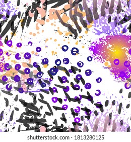 Mantiene El Patrón Sin Marea. Concepto de moda. Impresión por problemas. Color, Ilustración brillante. Textil de superficie de verano. Manchas De Tinta. Pintura de pulverización. Splash Blots. Fondo artístico de vectores creativos.