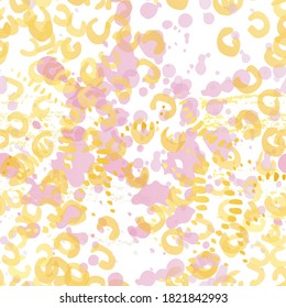 Stains Seamless Pattern. Fashion Concept. Distress Print. Yellow, Orange Illustration. Trending Surface Textile. Ink Stains. Spray Paint. Splash Blots. Artistic Creative Vector Background.