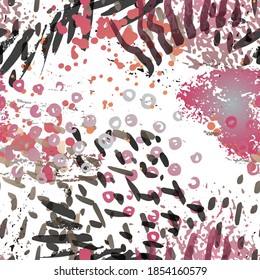 Stains Seamless Pattern. Fashion Concept. Distress Print. Bordo, Pink Illustration. Dirty Surface Textile. Ink Stains. Spray Paint. Splash Blots. Artistic Creative Vector Background.