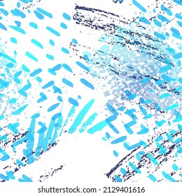 Stains Seamless Pattern. Fashion Concept. Distress Print. Blue, Teal Illustration. Glamour Surface Textile. Ink Stains. Spray Paint. Splash Blots. Artistic Creative Vector Background.