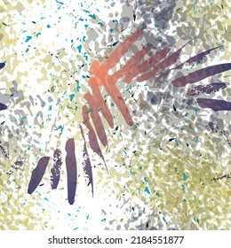 Stains Seamless Pattern. Fashion Concept. Distress Print. Ochra, Sepia Illustration. Trending Surface Textile. Ink Stains. Spray Paint. Splash Blots. Artistic Creative Vector Background.