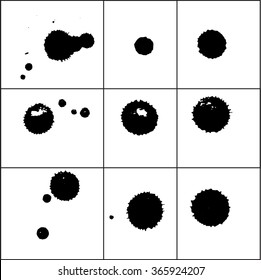 Stains set isolated on white. Can be used as mask to create coffee, tea, wine, watercolor stains. Black silhouette blobs. Vector illustration.