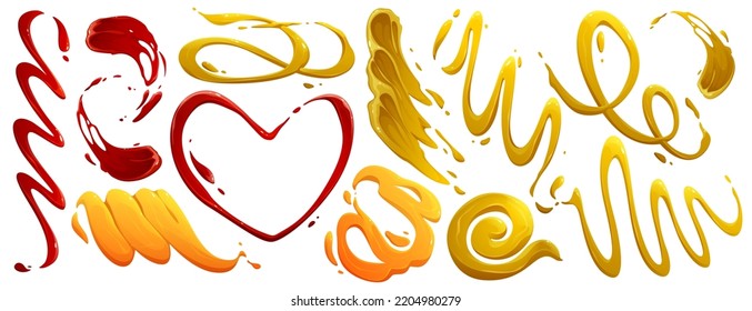 Stains and splashes of mayonnaise, ketchup and mustard. Vector cartoon set of spills and strips of cream, cheese sauce, mayo and barbecue isolated on white background