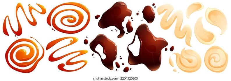 Stains and splashes of mayonnaise, liquid soy sauce and teriyaki. Vector cartoon set of spills and strips of cream, cheese sauce, mayo and caramel isolated on white background