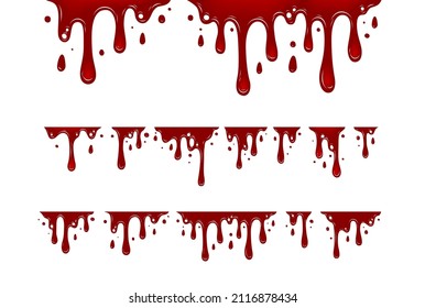 Stains and streaks of blood drip set isolated on white. Bleeding bloodstain scar texture. Liquid paint Vector illustration. Halloween concept. 
