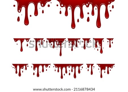 Stains and streaks of blood drip set isolated on white. Bleeding bloodstain scar texture. Liquid paint Vector illustration. Halloween concept. 
