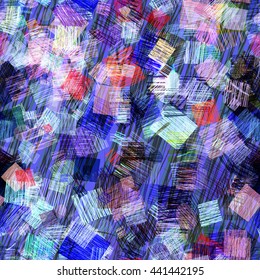 Stains of strokes. Different forms and sizes. Predominance of square shapes and blue. Abstract seamless vector pattern. Easy editing. Hatch, overlay, transparency, overlap.